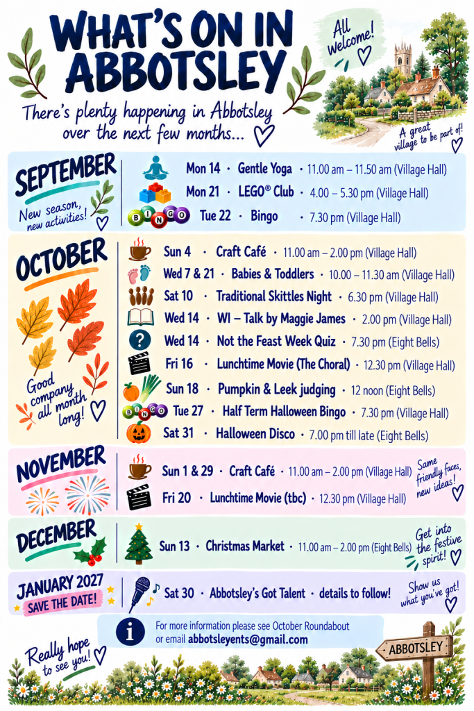 Image showing all upcoming events in Abbotsley for the Autumn on Abbotsley Village Hall website
